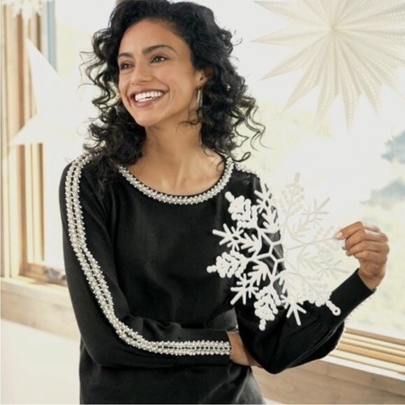Soft Surroundings Heidi Black Sweater with Pearl and Bead...